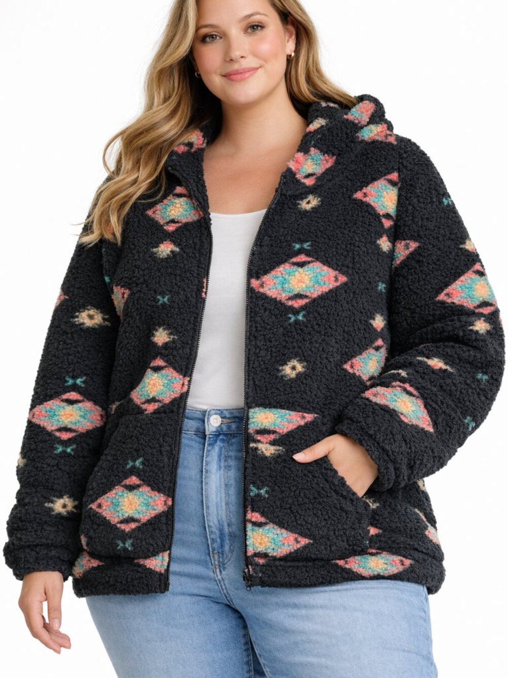 SO Sherpa Hoodie Jacket 3X Black Aztec Faux Fur Zip Cozy - EUC